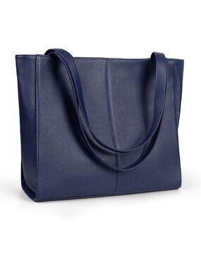 Women Navy Blue  Leather Shoulder Satchel Laptop Compartment Bag
